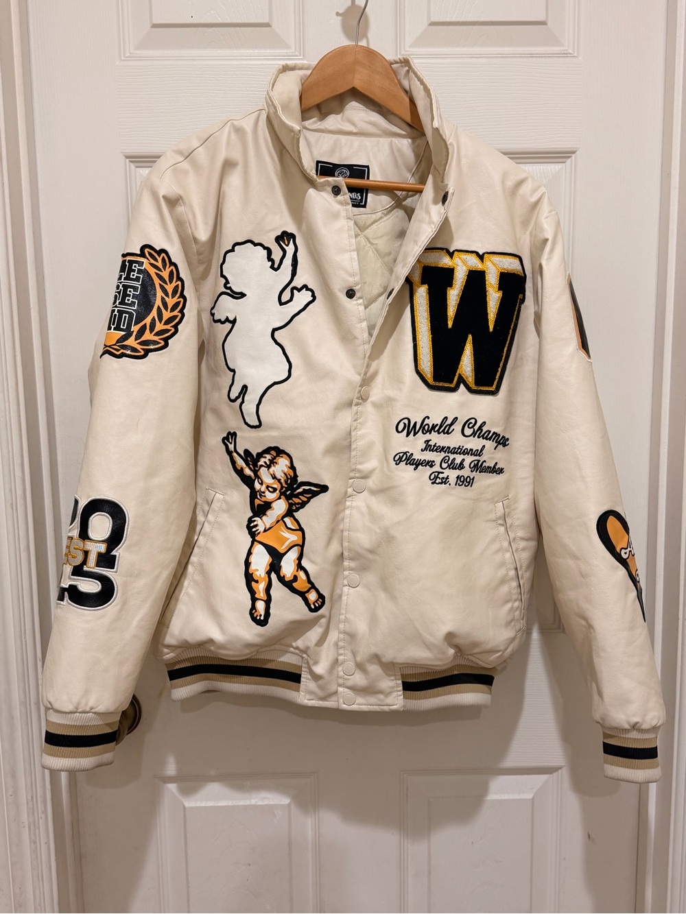 Cream Varsity Jacket with Embroidered Cherub & W Letter